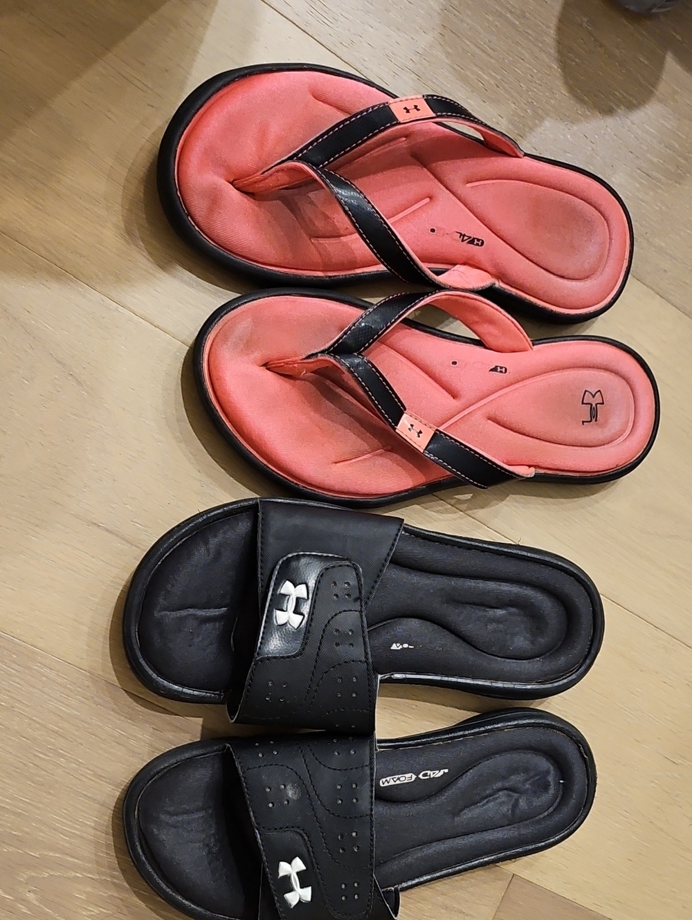 Under Armour Black Slide Sandals and Coral Flip-Flops - 2 Pairs